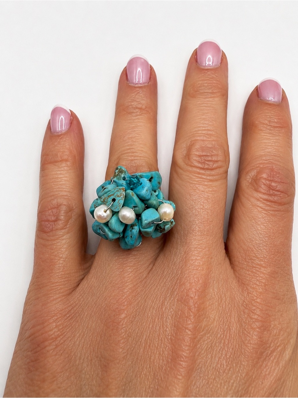 Turquoise Cluster Cha Cha Ring Mother Pearl Silver Tone Adjustable Statement Vtg